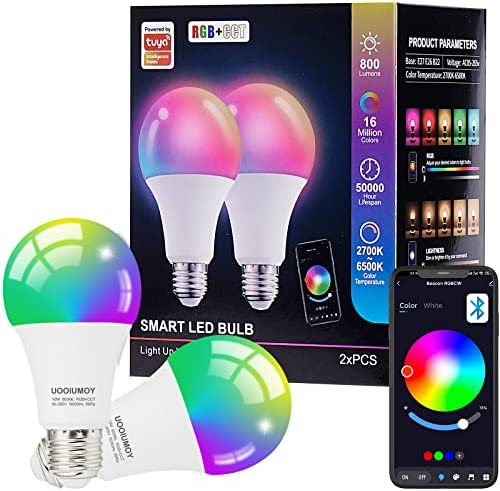 2 Pack Bluetooth Color Changing Light Bulbs with APP Remote, Music Sync RGB LED Light Bulb E26 A19 10W, 80W Equivalent, Dimmable Mood Dynamic Scene Decorative Lamp for Party Home, No Hub Required