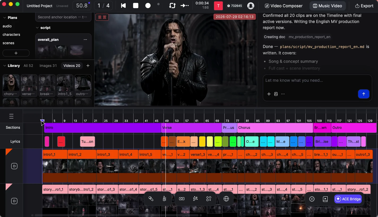 ACE Studio Video Composer and Music Video interface with timeline, scenes and ACE Bridge